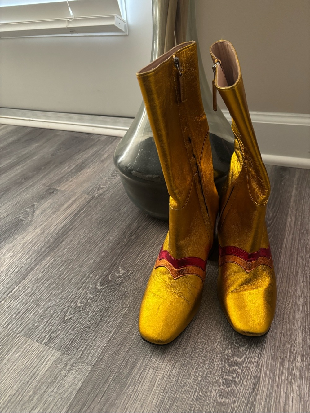 Gold Mid-Calf Heeled Boots with Red Accent Stripe